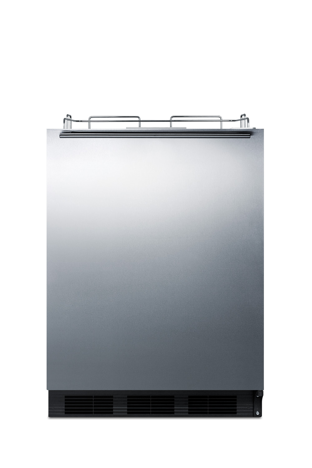 Built-in undercounter ADA height commercially listed kegerator with stainless steel wrapped door and black cabinet; no tapping equipment included